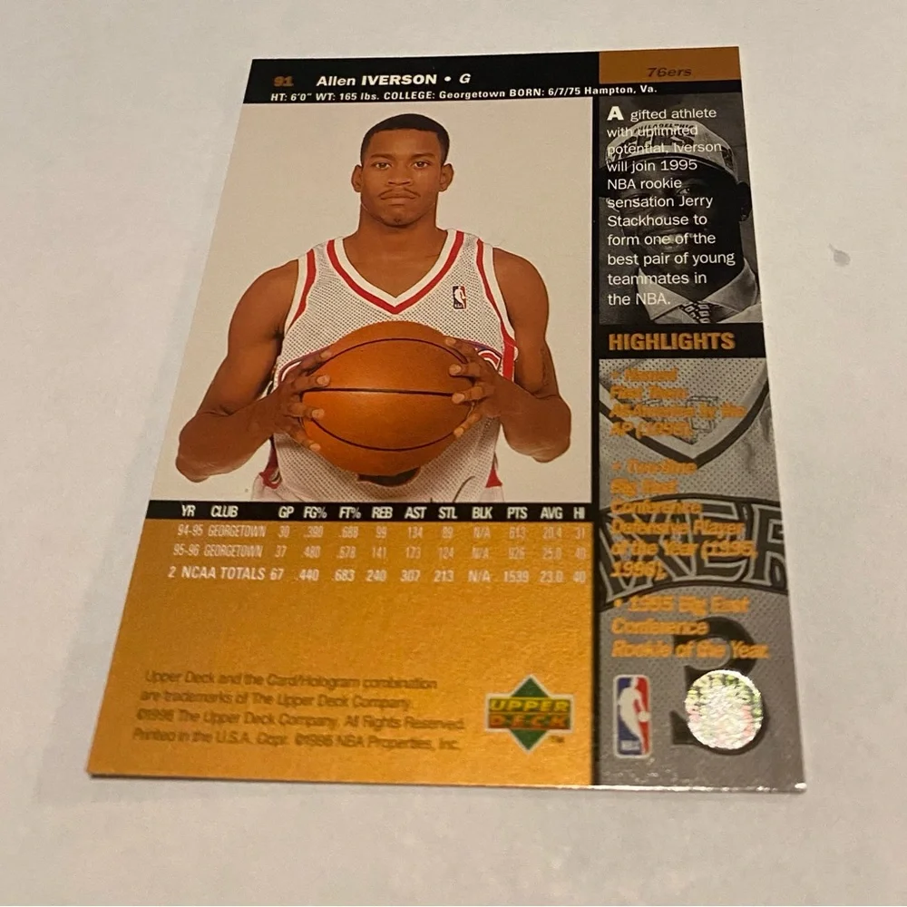 Allen Iverson RC Rookie 1996 Upper Deck Basketball Card # 91 Vintage Collectible